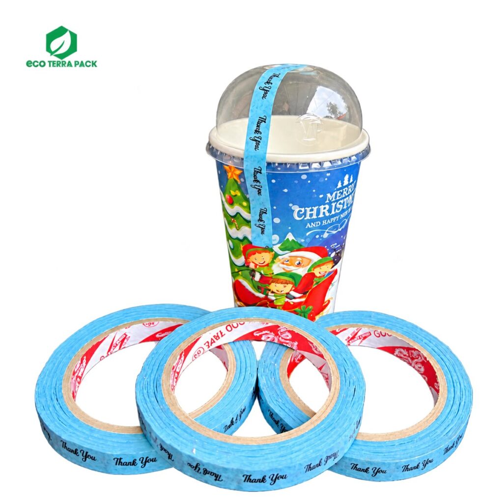 Cuộn băng keo dán ly màu xanh in chữ Thank You, dán cố định nắp ly nhựa