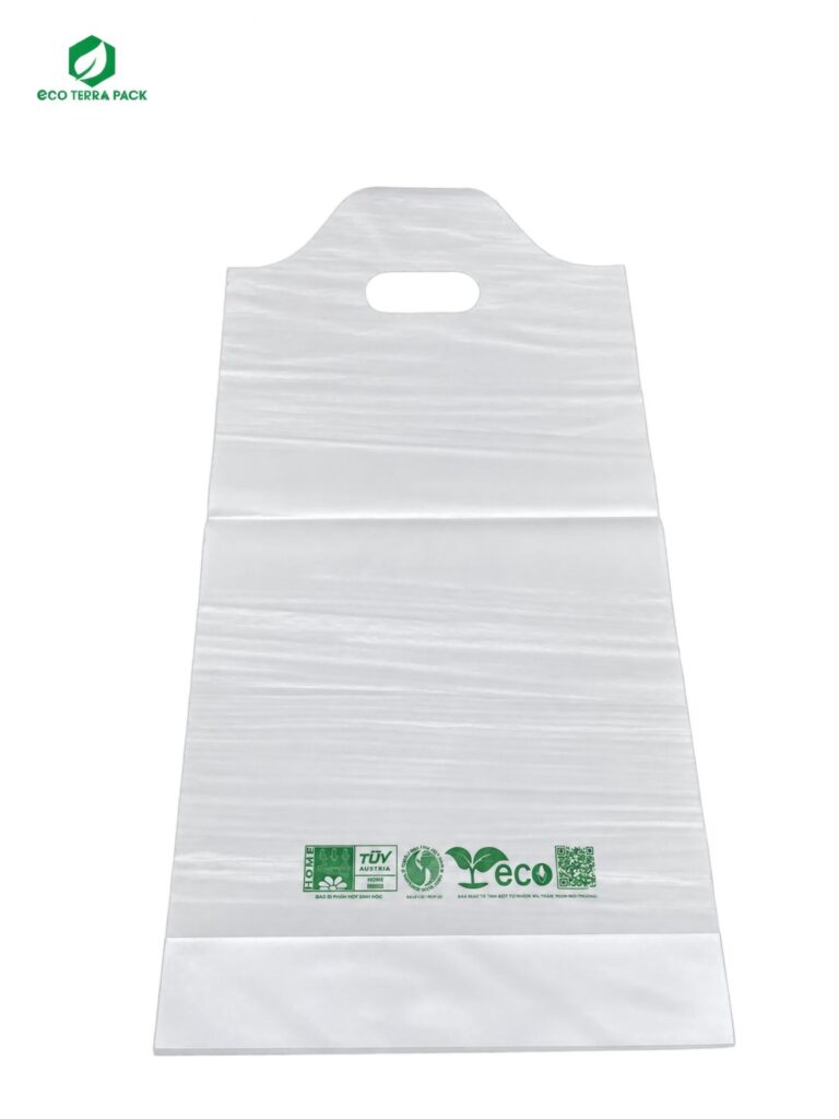 Túi đựng 1 ly tự hủy màu trắng có lỗ xách, in logo chứng nhận