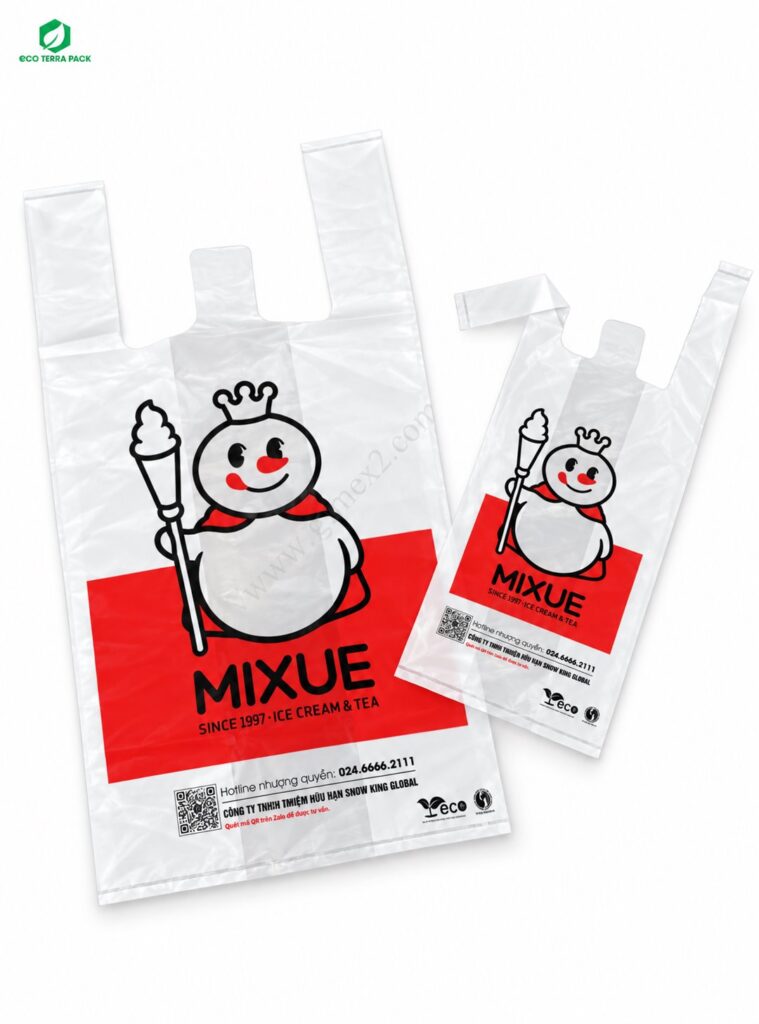 Hai túi hai quai đựng ly màu trắng in logo Mixue, cỡ lớn và cỡ nhỏ